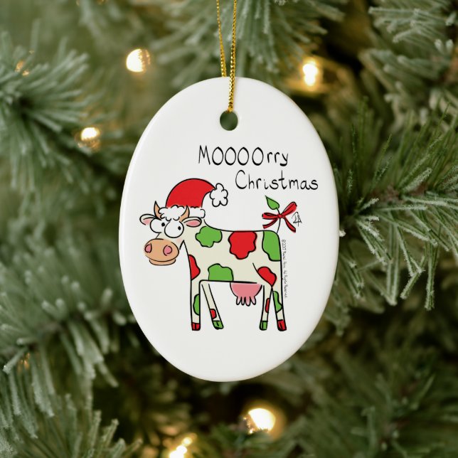 Cow Funny Cartoon Christmas Holiday Ceramic Ornament (Tree)