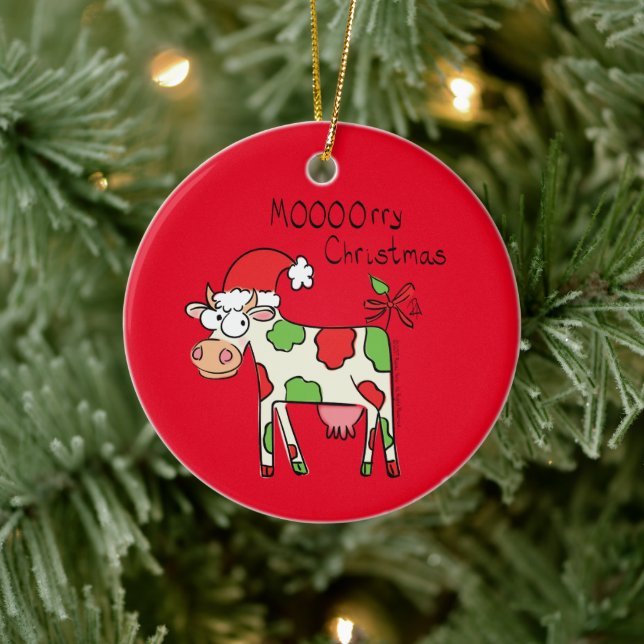Cow Funny Cartoon Christmas Holiday Ceramic Ornament (Tree)