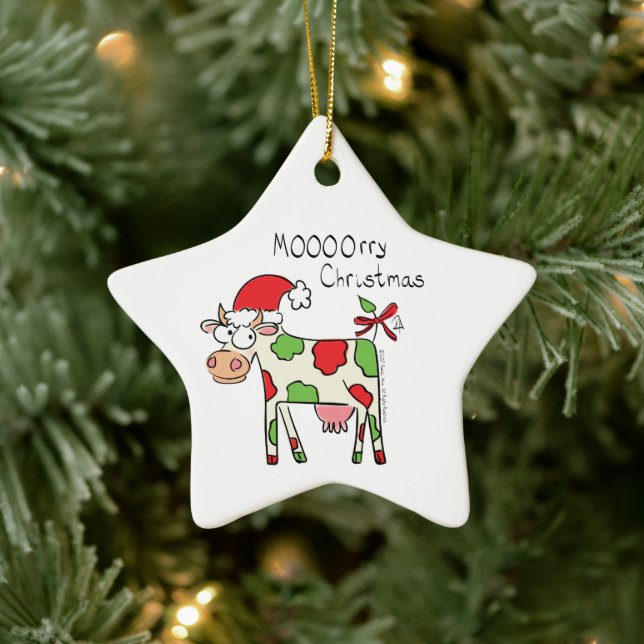 Cow Funny Cartoon Christmas Holiday Ceramic Ornament (Tree)