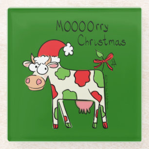 Cow Funny Cartoon Christmas Holiday Glass Coaster
