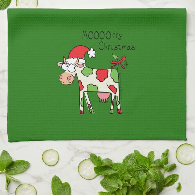 Cow Funny Cartoon Christmas Holiday Kitchen Towel (Folded)