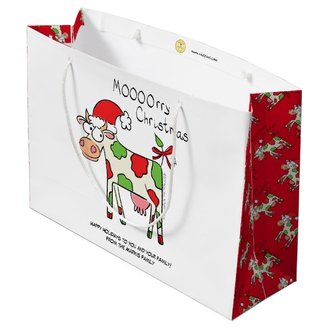 Cow Funny Cartoon Christmas Holiday Large Gift Bag (Back Angled)