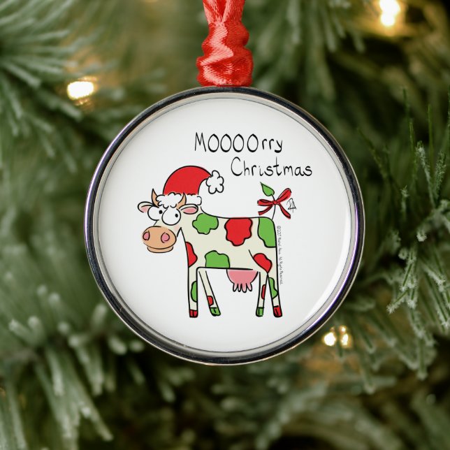 Cow Funny Cartoon Christmas Holiday Metal Ornament (Tree)