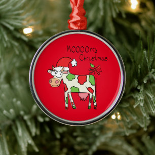 Cow Funny Cartoon Christmas Holiday Metal Ornament