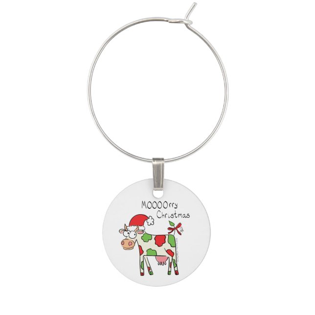 Cow Funny Cartoon Christmas Holiday Wine Charm (Front)