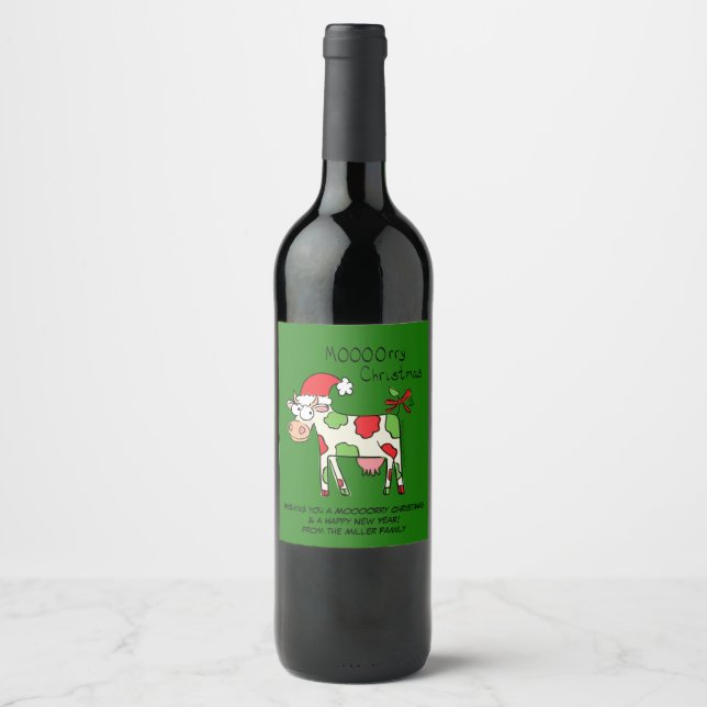 Cow Funny Cartoon Christmas Holiday Wine Gift Label (Front)