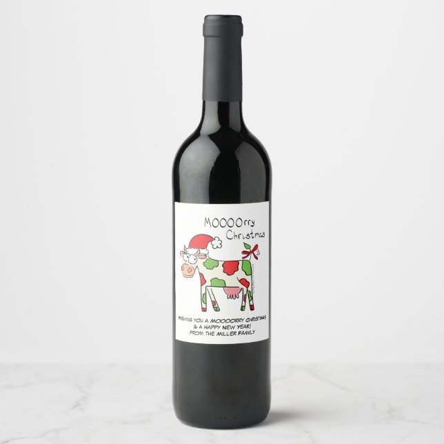 Cow Funny Cartoon Christmas Holiday Wine Gift Wine Label (Front)