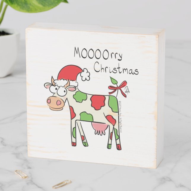 Cow Funny Cartoon Christmas Holiday Wooden Box Sign (In Situ Horizontal)