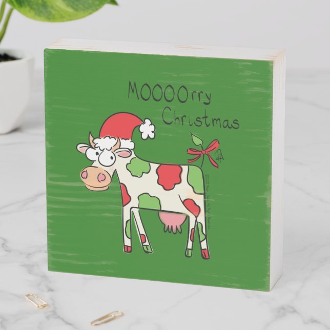 Cow Funny Cartoon Christmas Holiday Wooden Box Sign (In Situ Horizontal)