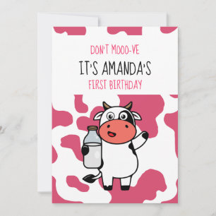 Cow Funny Farm Animal Themed Girl 1st Birthday Invitation