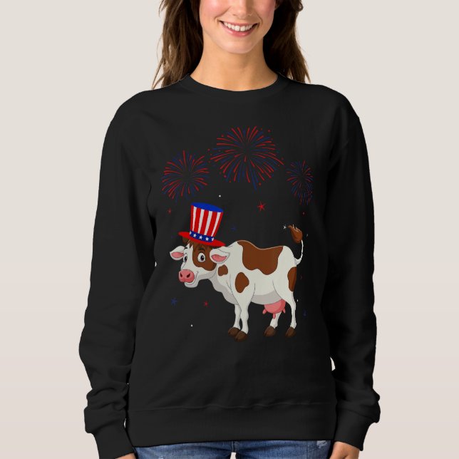 Cow Graphic Red White Blue Fireworks Decor 4th Of  Sweatshirt (Front)