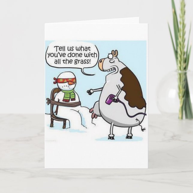 Cow Grass Hairdryer Snowman Winter Card (Front)