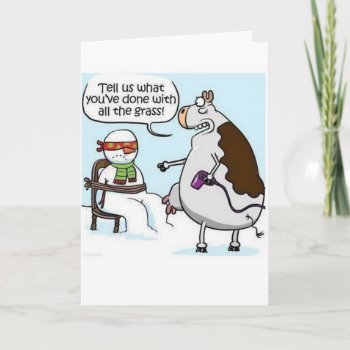 Cow Grass Hairdryer Snowman Winter Card by Unique_Christmas at Zazzle