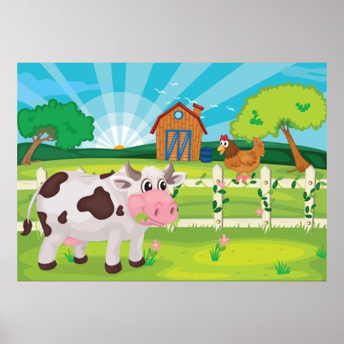 Cow Grazing On A Farm Poster