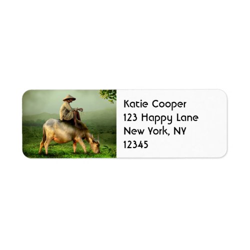 Cow Grazing with Farmer in a Scenic Pasture Label