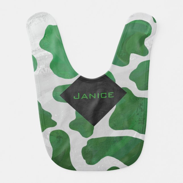 Cow Green and White Monogram Baby Bib (Front)
