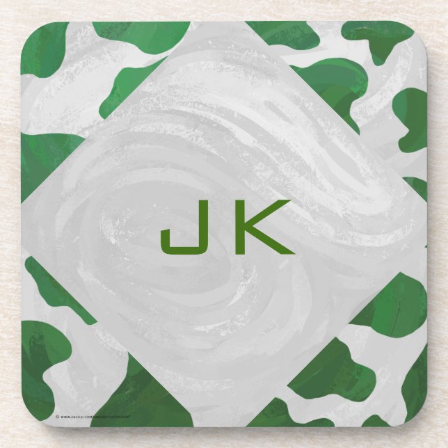 Cow Green and White Monogram Beverage Coaster (Front)