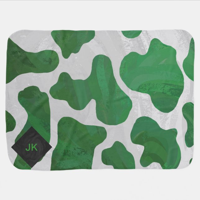 Cow Green and White Monogram Receiving Blanket (Horizontal)