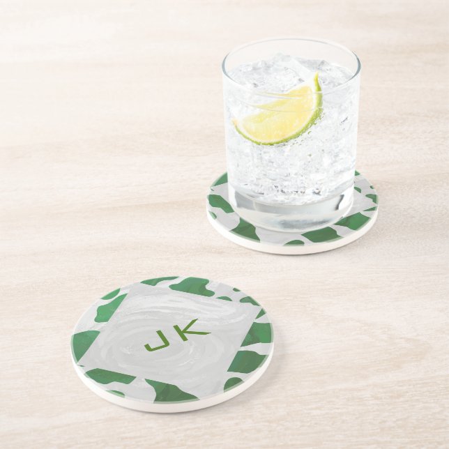 Cow Green and White Monogram Sandstone Coaster (Side)