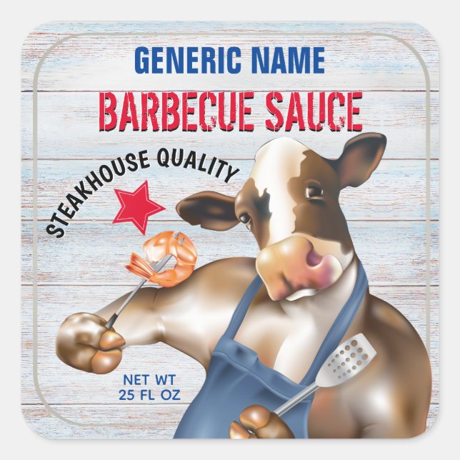 Cow Grilling Shrimp Homemade Barbecue Sauce Square Sticker (Front)