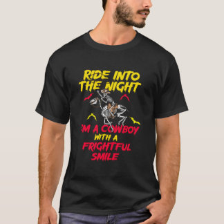 Cow Halloween Ghouls Skeleton Pumpkin Horse Riding T-Shirt