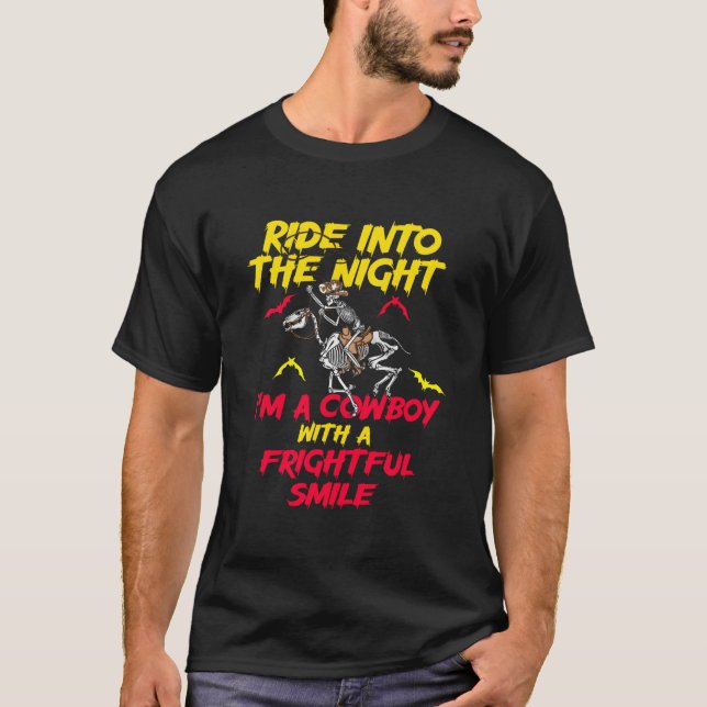 Cow Halloween Ghouls Skeleton Pumpkin Horse Riding T-Shirt (Front)