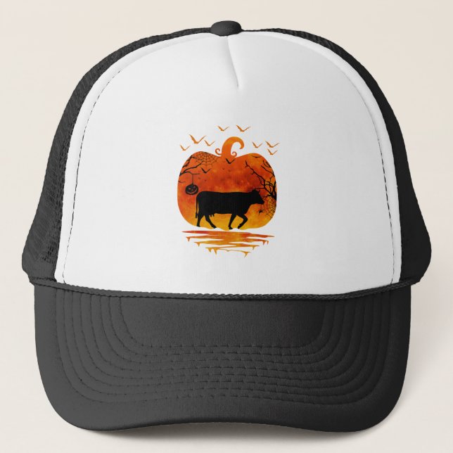 COW HALLOWEEN PUMPKIN COSTUME COW LOVER AUTUMN  TRUCKER HAT (Front)