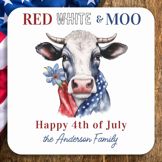 Cow Happy 4th Of July Red White Blue Patriotic Square Sticker (Creator Uploaded)