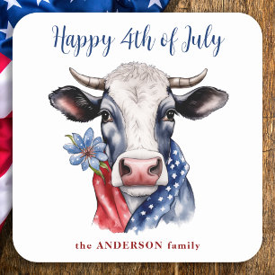 Cow Happy 4th Of July Red White Blue Patriotic Square Sticker
