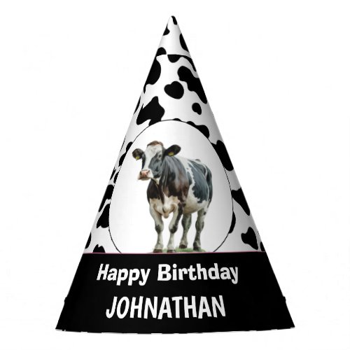 Cow Happy Birthday black and white Party Hat