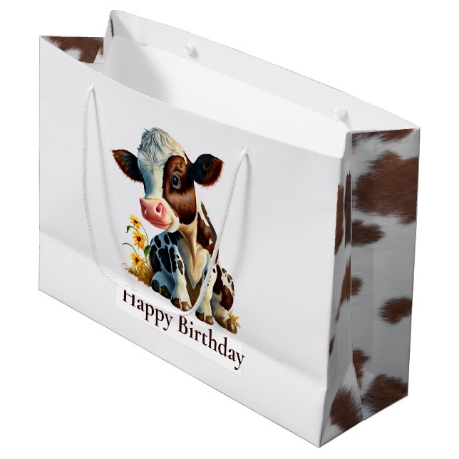 Cow Happy Birthday Daisy White Large Gift Bag (Front Angled)