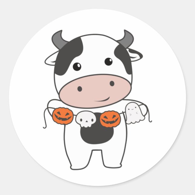 Cow Happy Halloween Pumpkin Bat Costume Classic Ro Classic Round Sticker (Front)