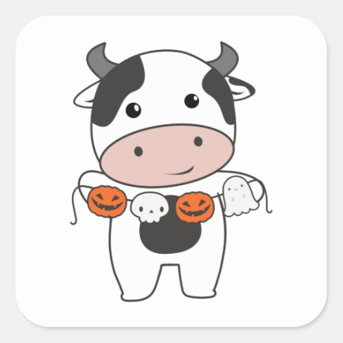 Cow Happy Halloween Pumpkin Bat Costume Square Sti Square Sticker