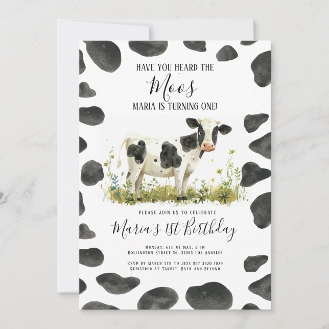 Cow Have you Heard  Moos Watercolor Birthday Party Invitation (Front)