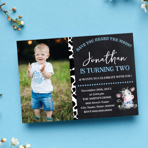 Cow Have You Heard the Moos Blue Birthday Invitation