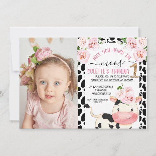 Cow Have You Heard The Moos Photo 1st Birthday Invitation