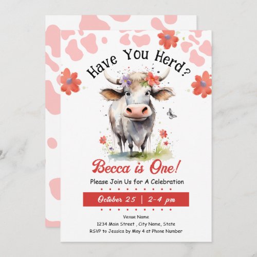 Cow Have You Herd 1st Birthday Girl Invitation