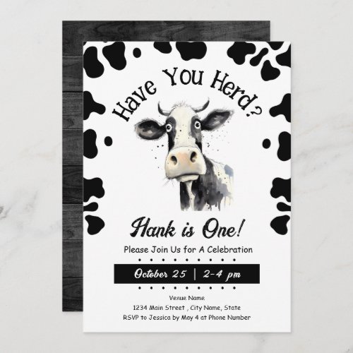  Cow Have You Herd 1st Birthday Watercolor Invitation