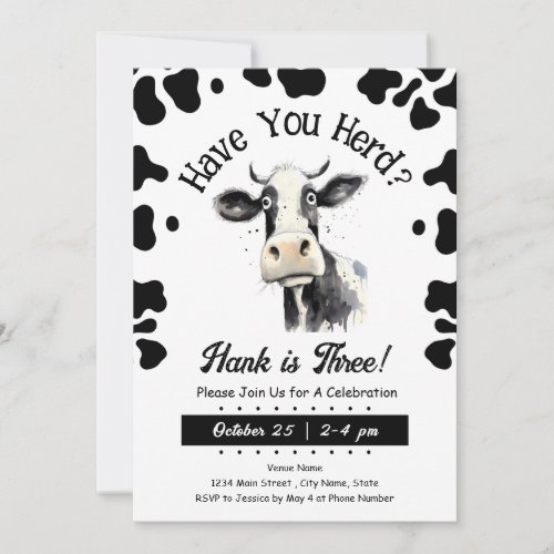 Cow Have You Herd 3rd Birthday Watercolor Invitat Invitation