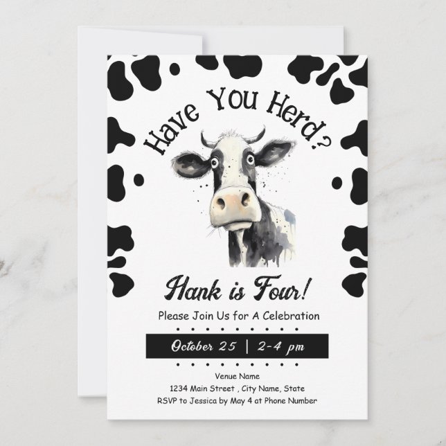 Cow Have You Herd 4th Birthday Watercolor Invitat Invitation (Front)