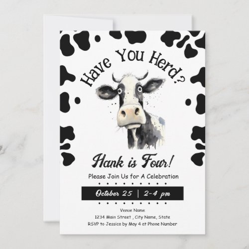 Cow Have You Herd 4th Birthday Watercolor Invitat Invitation