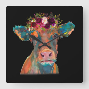 Cow Head Face Colorful Watercolor Cow Gifts Square Wall Clock