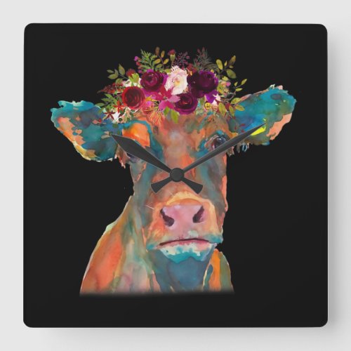 Cow Head Face Colorful Watercolor  Cow Gifts  Square Wall Clock