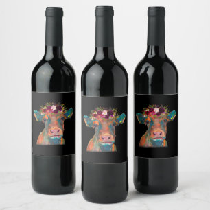 Cow Head Face Colorful Watercolor Cow Gifts Wine Label