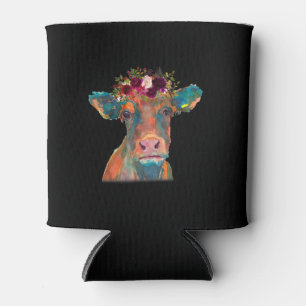 Cow Head Face Print Colorful Watercolor Floral Can Cooler