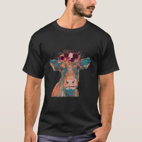 Cow Head Face Print Colorful Watercolor Floral Hei T_Shirt