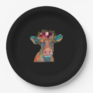 Cow Head Face Print Colorful Watercolor Floral Paper Plates
