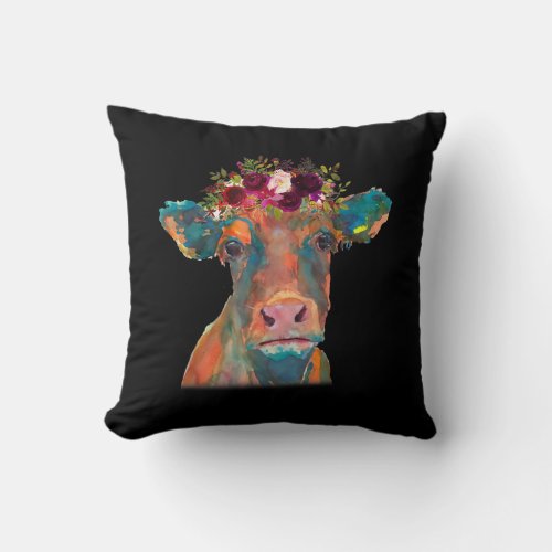 Cow Head Face Print Colorful Watercolor Floral Throw Pillow