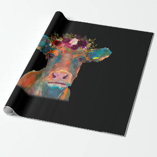 Cow Head Face Print Colorful Watercolor Floral Wrapping Paper