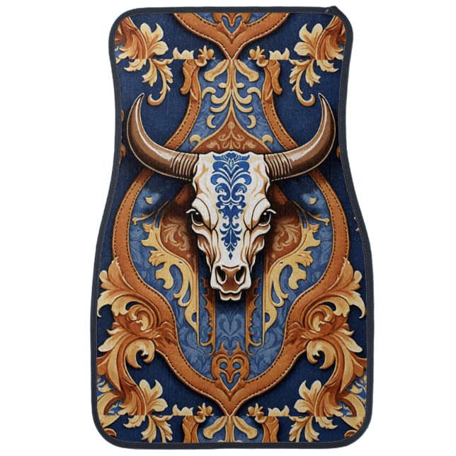 Cow Head Western Tooled Leather Damask Car Floor Mat (Front)
